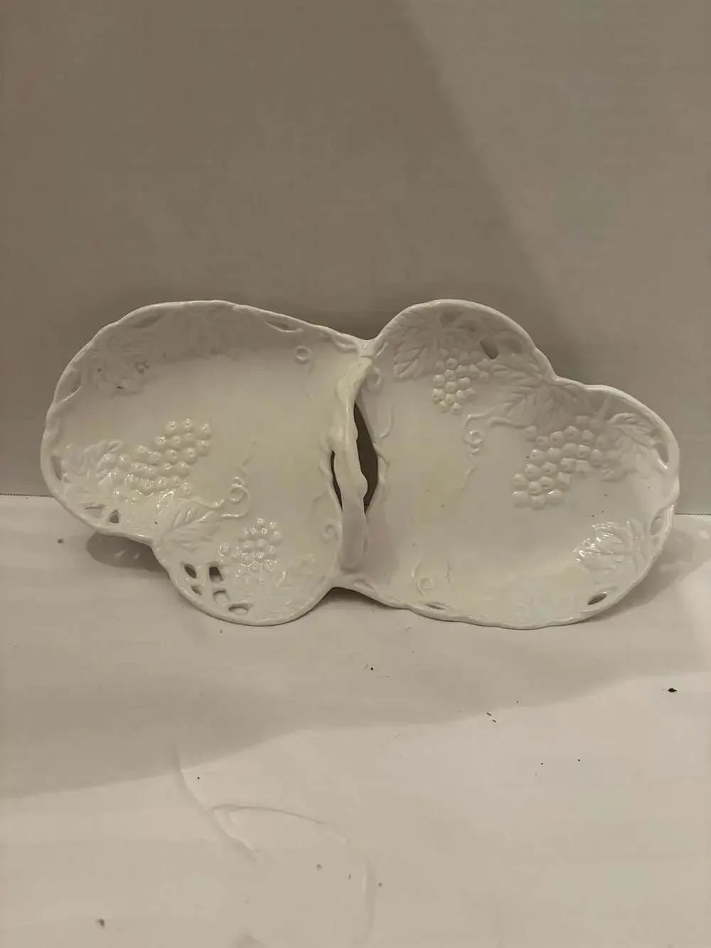 Vintage White Ceramic Divided Serving Dish with Grape Motif and Handle